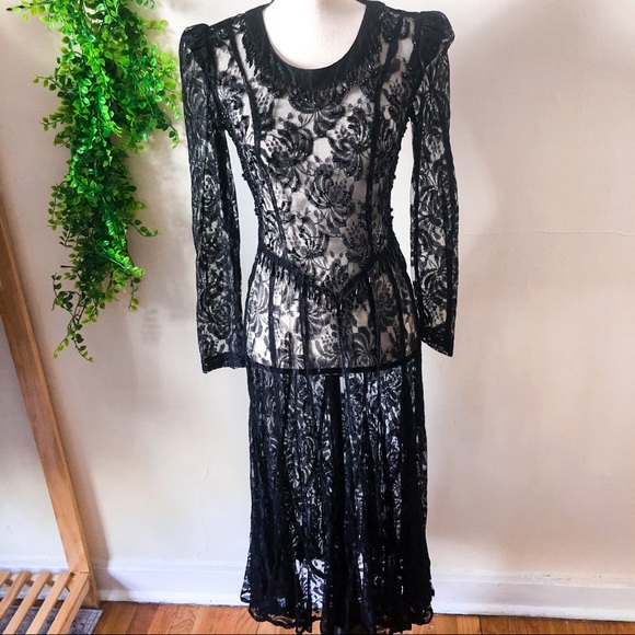 Vintage Dresses & Skirts - Vintage Black Floral Lace Sheer Midi Dress Small
